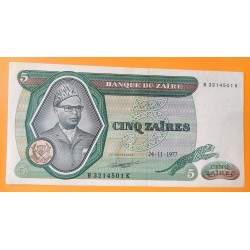 ZAIRE 5 ZAIRES 1977 DICTADOR MOBUTU, PRESA y TOTEM Pick 21B BILLETE CIRCULADO @ESCASO@ Africa BANKNOTE