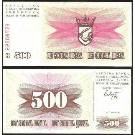 BOSNIA 500 DINARA 1992 ESCUDO VALOR Pick 14 BILLETE SC UNC BANKNOTE 500 DINAR HERZEGOVINA