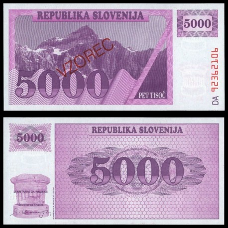 @SPECIMEN@ ESLOVENIA 5000 TOLARJEV 1990 PAISAJE MONTAÑOSO "VZOREC" Pick 10.S.1 BILLETE SC Slovenia UNC BANKNOTE