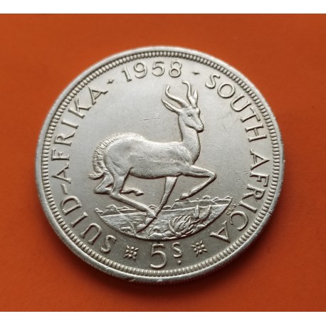 SUDAFRICA 5 SHILLINGS 1958 ANTILOPE y REINA ISABEL II KM.52 MONEDA DE PLATA MBC++ South Africa