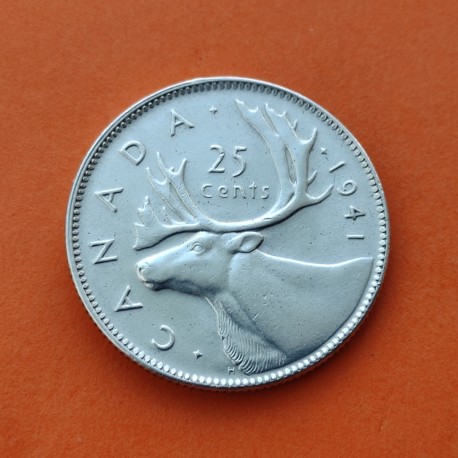 CANADA 25 CENTAVOS 1941 CARIBU y REY JORGE VI 2ª Guerra Mundial KM.35 MONEDA DE PLATA SC- silver Quarter coin WWII