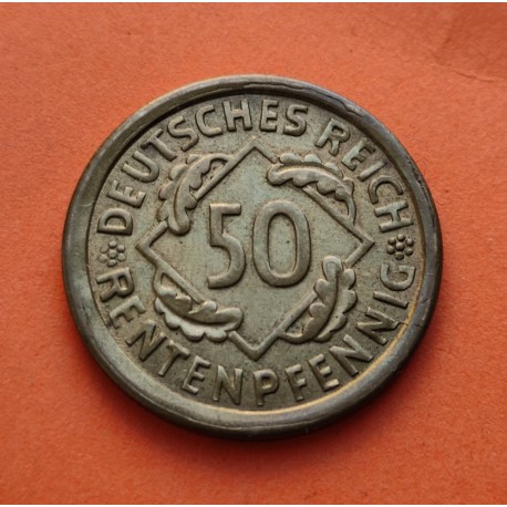 @RARA@ ALEMANIA 50 RENTENPFENNIG 1924 G CEREALES República del WEIMAR KM.34 MONEDA DE LATON EBC Germany 50 Reichspfennig