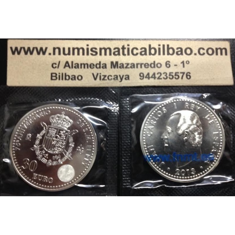 ESPAÑA 30 EUROS 2013 SC 75 ANIVERSARIO DE S.M. MAJESTAD EL REY DON JUAN CARLOS I MONEDA DE PLATA SC EN BOLSA ORIGINAL