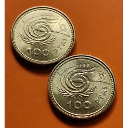 2 monedas x @ERROR PERLAS UNIDAS@ 100 PESETAS 1999 ANCIANOS LATON Flor de Lis ARRIBA+ABAJO SC- VARIANTE CATALOGADA España