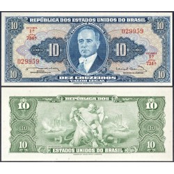 BRASIL 10 CRUZEIROS 1961 GETULIO VARGAS y ALEGORIA DE INDUSTRIA Color AZUL Pick 167B BILLETE SC Brazil UNC BANKNOTE