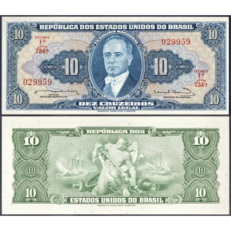 BRASIL 10 CRUZEIROS 1961 GETULIO VARGAS y ALEGORIA DE INDUSTRIA Color AZUL Pick 167B BILLETE SC Brazil UNC BANKNOTE