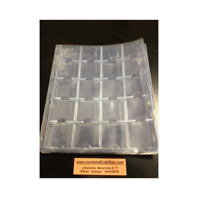 HOJA DE PLASTICO para MONEDAS de 20 ESPACIOS compatible con ALBUM GRANDE DE 4 ANILLAS (Sistema de cartones) JLL