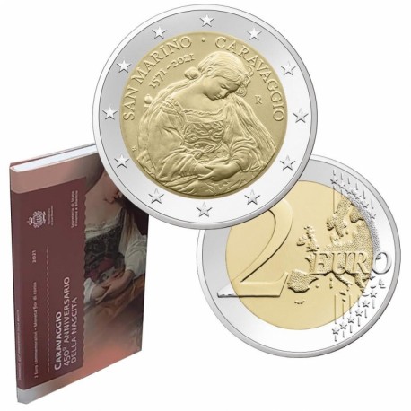 . 1ª MONEDA x SAN MARINO 2 EUROS 2021 PINTOR CARAVAGGIO 450 AÑOS DE SU NACIMIENTO SC CONMEMORATIVA ESTUCHE