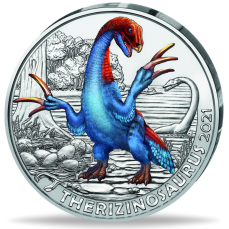 6ª moneda AUSTRIA 3 EUROS 2021 Serie DINOSAURIOS - THERIZINOSAURUS NICKEL SC COLORES SE ILUMINA EN LA NOCHE Österreich
