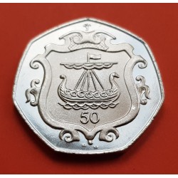 ISLA DE MAN 50 PENIQUES 1985 BARCO VIKINGO 500 AÑOS COLLEGE OF ARMS 3º Retrato KM.148 MONEDA DE NICKEL LUJO 50 Pence UK colony