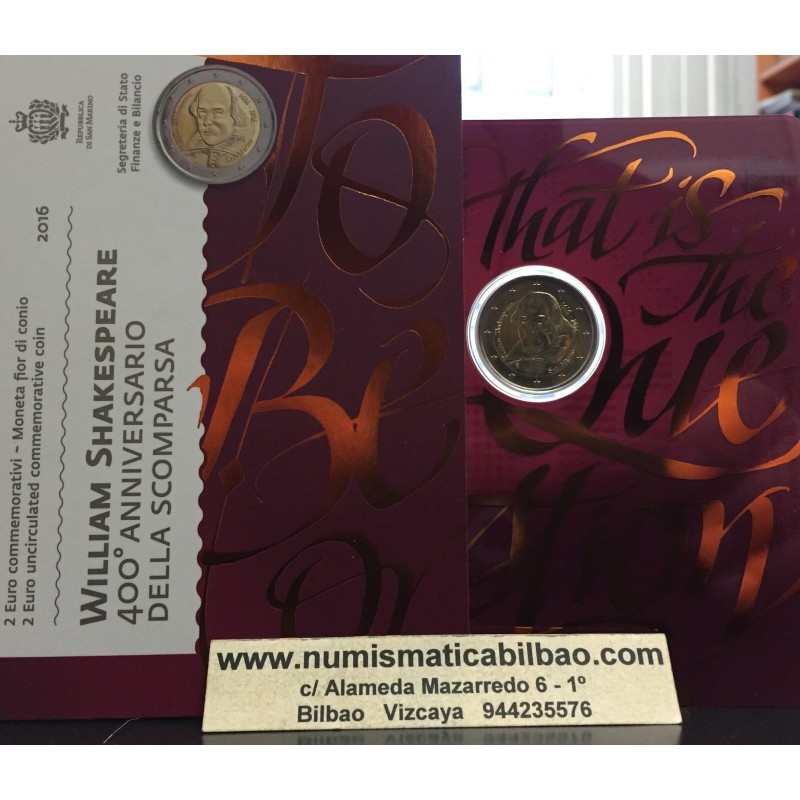 SAN MARINO 2 EUROS 2016 WILLIAM SHAKESPEARE 400 ANIVERSARIO SC MONEDA CONMEMORATIVA ESTUCHE BLISTER COINCARD