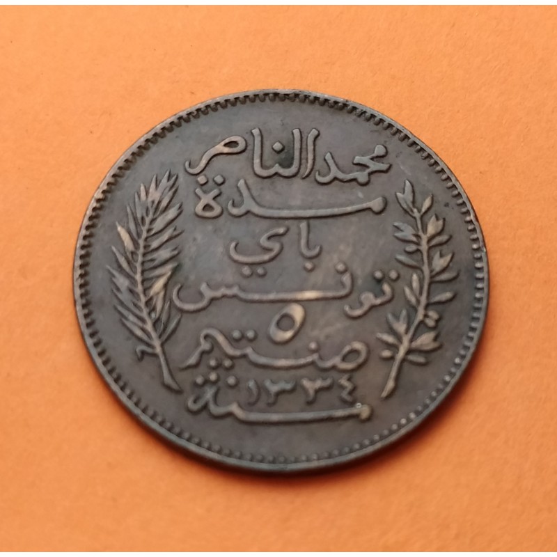 TUNEZ 5 CENTIMOS 1916 A MUHAMMAD AL-NASIR BEY Francais Protectorat KM.235 MONEDA DE BRONCE MBC @MUESCAS@ Tunisia Tunisie
