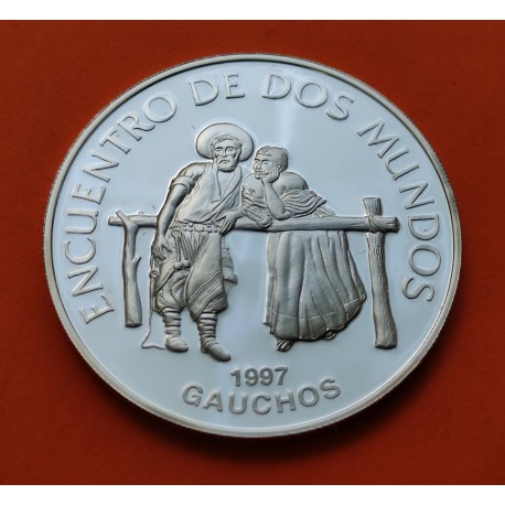 URUGUAY 250 PESOS 1997 LOS GAUCHOS ENCUENTRO DE DOS MUNDOS 3ª SERIE IBEROAMERICANA KM.114 MONEDA DE PLATA PROOF