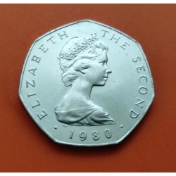 @RARA@ ISLA DE MAN 50 PENIQUES 1980 AA ODIN'S RAVEN EXHIBITION NEW YORK en canto KM.69 MONEDA DE NICKEL SC 50 Pence