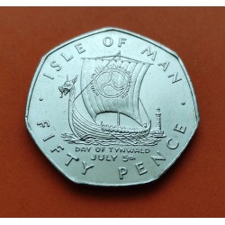 @RARA@ ISLA DE MAN 50 PENIQUES 1980 AA ODIN'S RAVEN EXHIBITION NEW YORK en canto KM.69 MONEDA DE NICKEL SC 50 Pence