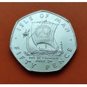 @RARA@ ISLA DE MAN 50 PENIQUES 1980 AA ODIN'S RAVEN EXHIBITION NEW YORK en canto KM.69 MONEDA DE NICKEL SC 50 Pence