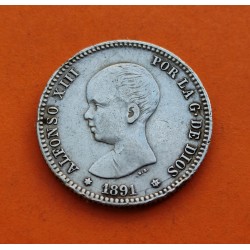 ESPAÑA Rey ALFONSO XIII 1 PESETA 1891 * -- 91 PGM REY y ESCUDO KM.691 MONEDA DE PLATA MBC- Spain silver coin R/2