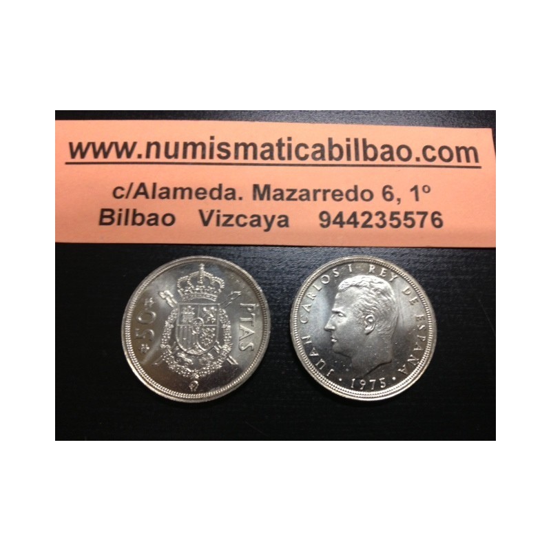 @LA MÁS RARA@ ESPAÑA 50 PESETAS 1975 * 80 JUAN CARLOS I KM.809 MONEDA DE NICKEL SC DE CARTUCHO