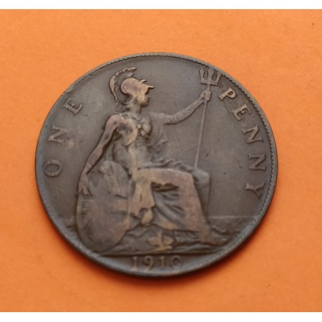 INGLATERRA 1 PENIQUE 1910 BRITANNIA EDUARDO VII KM.794.2 MONEDA DE BRONCE MBC UK 1 penny coin