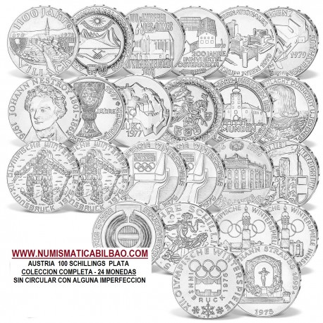 11,67 ONZAS de PLATA PURA x AUSTRIA 100 SCHILLINGS 1974 a 1979 PLATA SC- 24 MONEDAS Osterreich silver