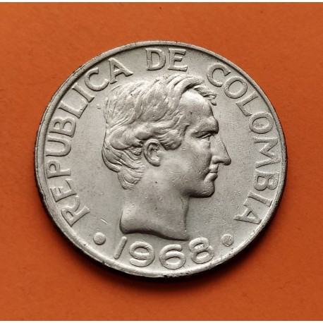 COLOMBIA 50 CENTAVOS 1968 JOSE DE SUCRE y ESCUDO KM.228 MONEDA DE NICKEL EBC/SC República Colombiana