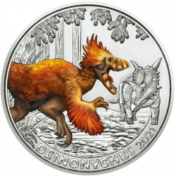 7ª moneda AUSTRIA 3 EUROS 2021 Serie DINOSAURIOS - DEINONYCHUS NICKEL SC COLORES SE ILUMINA EN LA NOCHE Österreich