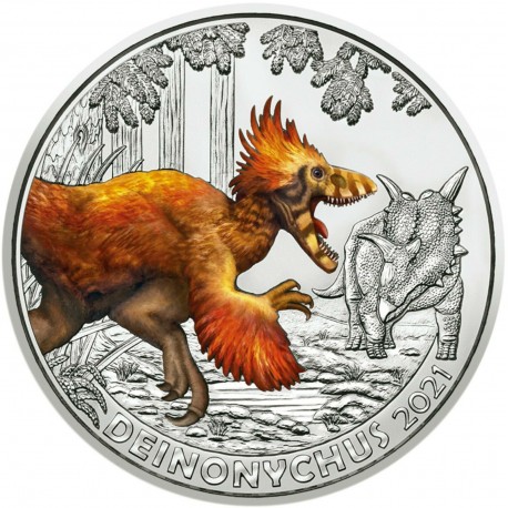 7ª moneda AUSTRIA 3 EUROS 2021 Serie DINOSAURIOS - DEINONYCHUS NICKEL SC COLORES SE ILUMINA EN LA NOCHE Österreich