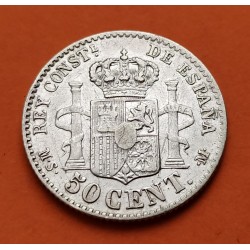 ESPAÑA Rey ALFONSO XII 50 CENTIMOS 1885 * 8/6 MSM REY y ESCUDO KM.685 MONEDA DE PLATA MBC+ Spain R/3