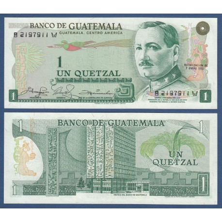 @ESCASO@ GUATEMALA 1 QUETZAL 1981 GENERAL ORELLANA y BANCO NACIONAL Pick 59C BILLETE SC UNC BANKNOTE