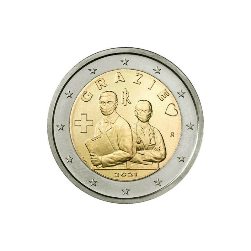 .@ENVIO 1 JULIO@ ITALIA 2 EUROS 2021 GRAZIE PROFESIONES SANITARIAS ANTI COVID19 SC 2ª MONEDA CONMEMORATIVA Italy