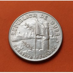 CUBA 40 CENTAVOS 1952 BANDERA y ARBOL 50 AÑOS DE LIBERTAD y PROGRESO KM.25 MONEDA DE PLATA MBC++ silver coin R/3