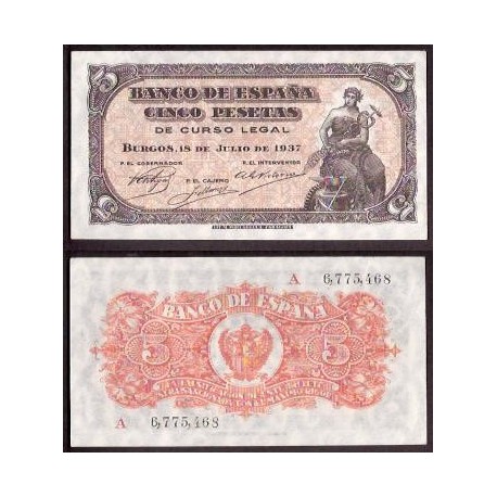 @RARO@ ESPAÑA 5 PESETAS 1937 PORTABELLA DAMA BURGOS Serie A 6775468 Pick 106A BILLETE SIN CIRCULAR SC