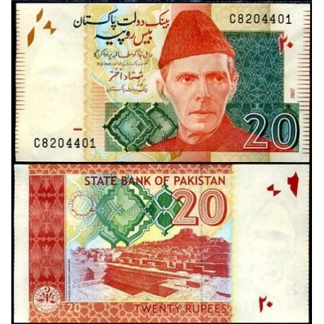 PAKISTAN 20 RUPIAS 2007 MOHAMMED ALI JINNAH y RUINAS ANTIGUAS Pick 55A Color NARANJA BILLETE SC 5 Rupees UNC BANKNOTE