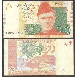 PAKISTAN 20 RUPIAS 2014 MOHAMMED ALI JINNAH y RUINAS ANTIGUAS Pick 55H BILLETE SC 20 Rupees UNC BANKNOTE