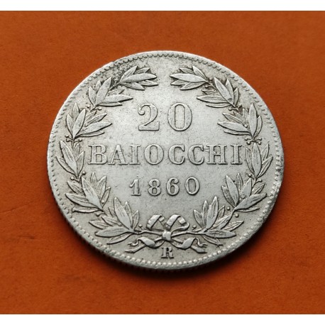 VATICANO 20 BAIOCCHI 1860 R Año XV ESTADOS PAPALES Papa PIO IX KM.1360 MONEDA DE PLATA @ESCASA@ POPE PIUS IX