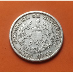 GUATEMALA 10 CENTAVOS 1945 AVE DEL PARAISO SOBRE PEDESTAL KM.239 MONEDA DE PLATA MBC- @RARA@ WWII