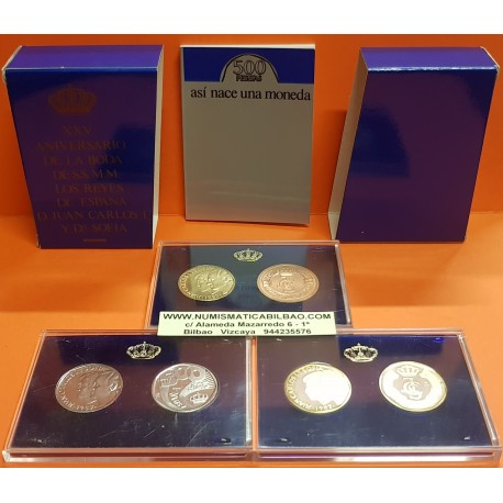 ESPAÑA PRUEBAS FNMT XXV ANIVERSARIO BODA DE SS.MM. LOS REYES 500 PESETAS 1987 + 2x PLATA + 2x ACERO 5 MONEDAS ESTUCHE