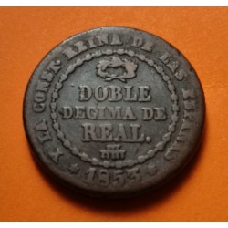 @RARA@ ESPAÑA Reina ISABEL II DOBLE DECIMA DE REAL 1853 Ceca de SEGOVIA KM.601 MONEDA DE COBRE Spain 1/5 DE REAL 1853 R/3