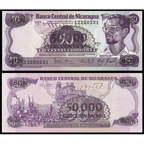 NICARAGUA 50000 CORDOBAS 1987 sobre 50 CORDOBAS COMANDANTE CARLOS FONSECA DIA DE LA LIBERACION Pick 148 BILLETE SC UNC BANKNOTE