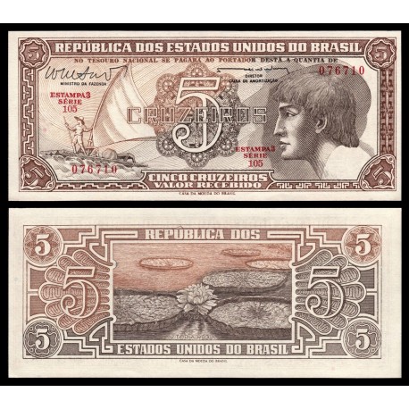 BRASIL 5 CRUZEIROS 1962 PESCADOR EN BARCA Serie 107 Color MARRON Firma 10 Pick 166B BILLETE SC Brazil UNC BANKNOTE