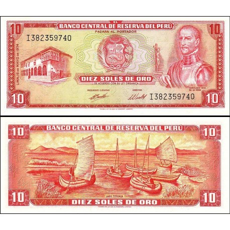 PERU 10 SOLES DE ORO 1975 BARCAS EN EL LAGO TITICACA Pick 100 BILLETE SC UNC BANKNOTE