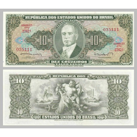 BRASIL 10 CRUZEIROS 1962 GETULIO VARGAS y ALEGORIA DE INDUSTRIA Pick 177A BILLETE SC Brazil UNC BANKNOTE