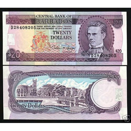 @RARO@ BARBADOS 20 DOLARES 1993 SAMUEL JACKMAN Serie D...4467 Pick 44 BILLETE SC $20 Dollars UNC BANKNOTE