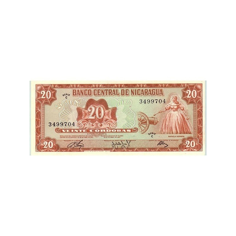 @RARO@ NICARAGUA 20 CORDOBAS 1972 RAFAELA HERRERA y CAÑON Pick 124 BILLETE SC UNC BANKNOTE
