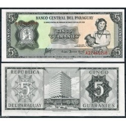 PARAGUAY 5 GUARANIES 1952 LA MUJER PARAGUAYA y HOTEL Pick 195B BILLETE SC UNC BANKNOTE