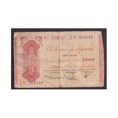 BILBAO 5 PESETAS 1936 CAJA DE AHORROS MONTE DE PIEDAD A 302049 EUZKADI BILLETE TALON EUSKADI España Guerra Civil