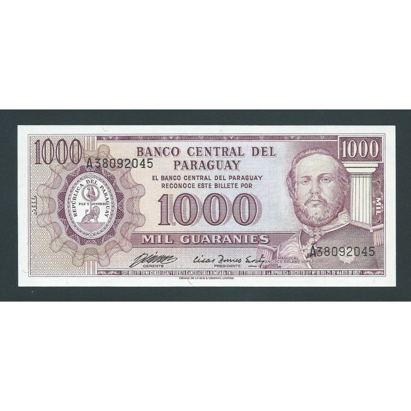 PARAGUAY 1000 GUARANIES 1952 MARISCAL FRANCISCO SOLANO @ESCASO@ Pick 201B BILLETE SC UNC BANKNOTE