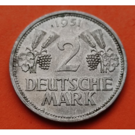 ALEMANIA 2 MARCOS 1951 D AGUILA y VALOR KM.111 MONEDA DE NICKEL MBC @RARA@ Germany Federal Republic 2 Marks 1951