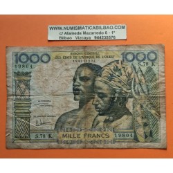 COSTA DE MARFIL 1000 FRANCOS 1965 JEFE TRIBAL Letra A Pick 103.AJ BILLETE CIRCULADO @RARO@ West African States IVORY COAST
