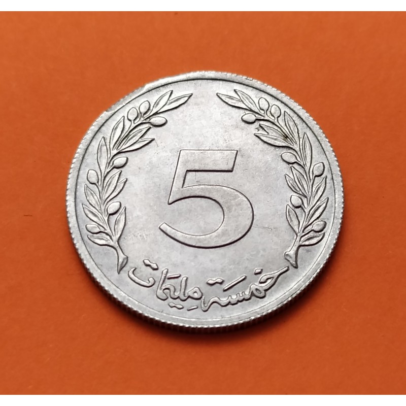 TUNEZ 5 MILLIEMES 1960 ARBOL SAGRADO KM.282 MONEDA DE ALUMINIO SC Tunisia Tunisie